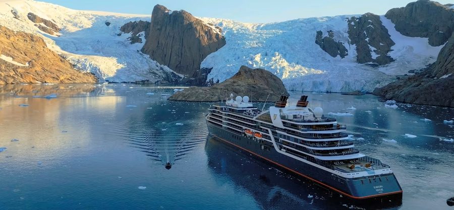 Seabourn ship among glaciers