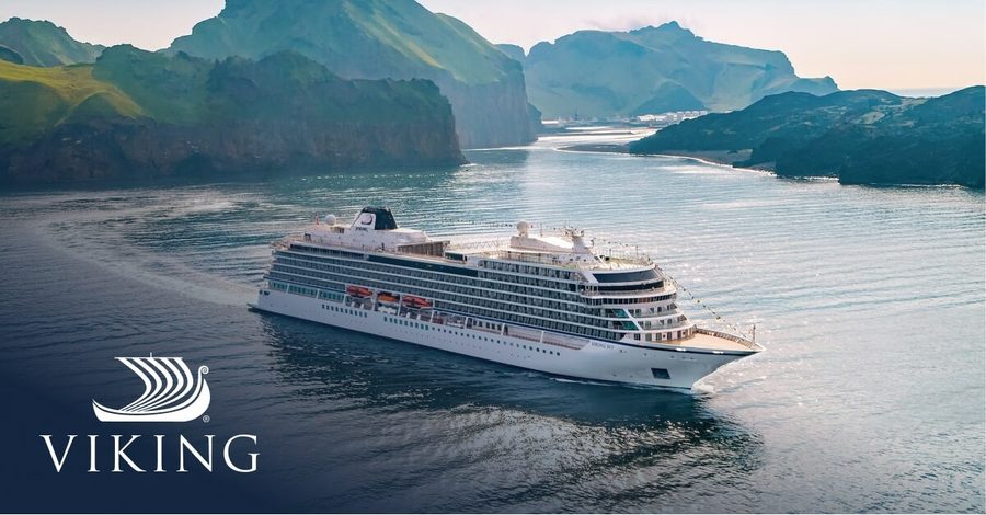 Viking Cruises ship among fjords