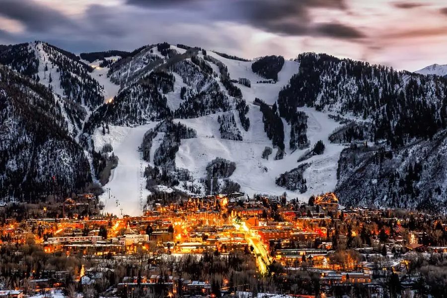 Aspen, Colorado ski slopes at dusk