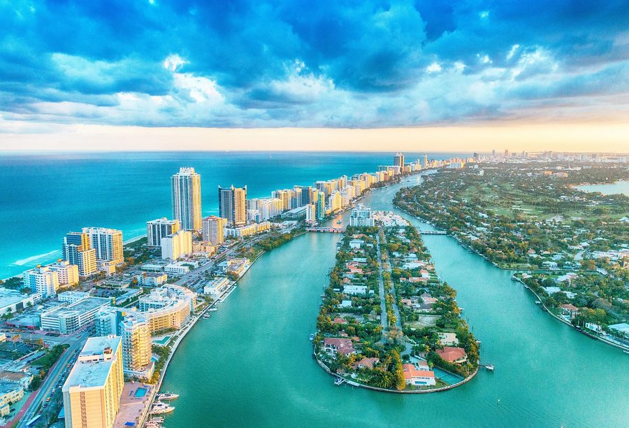 Miami Beach and skyline aerial view, Florida
