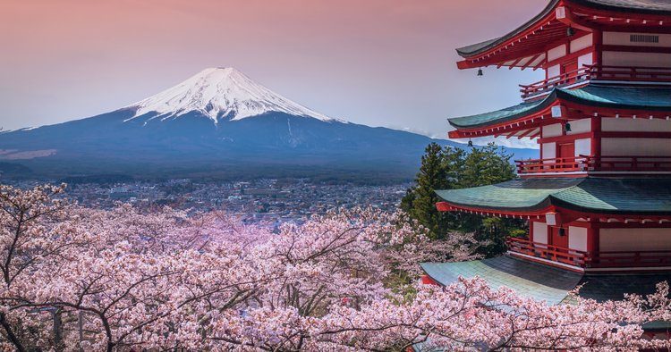 Mount Fuji with cherry blossoms and pagoda, Japan